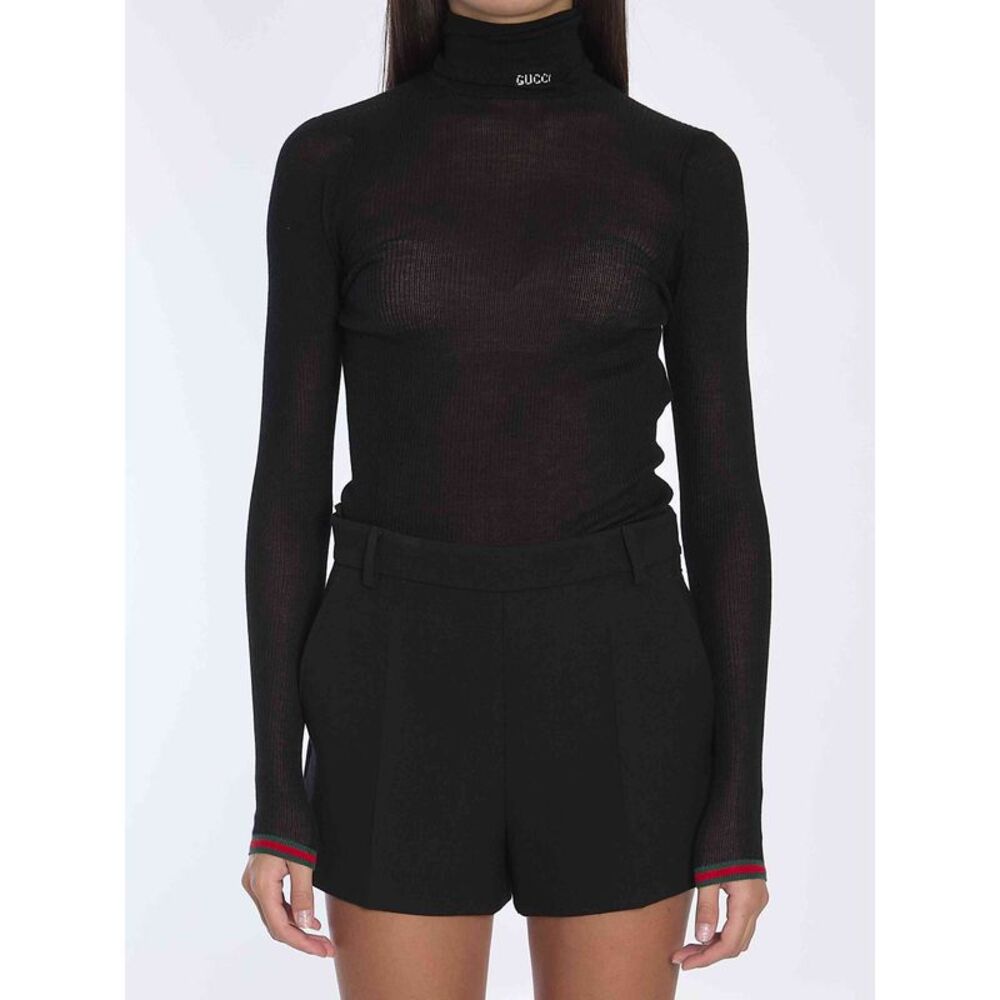 Gucci Black Semi-Sheer Turtleneck Sweater with Red & Green Cuff Stripes